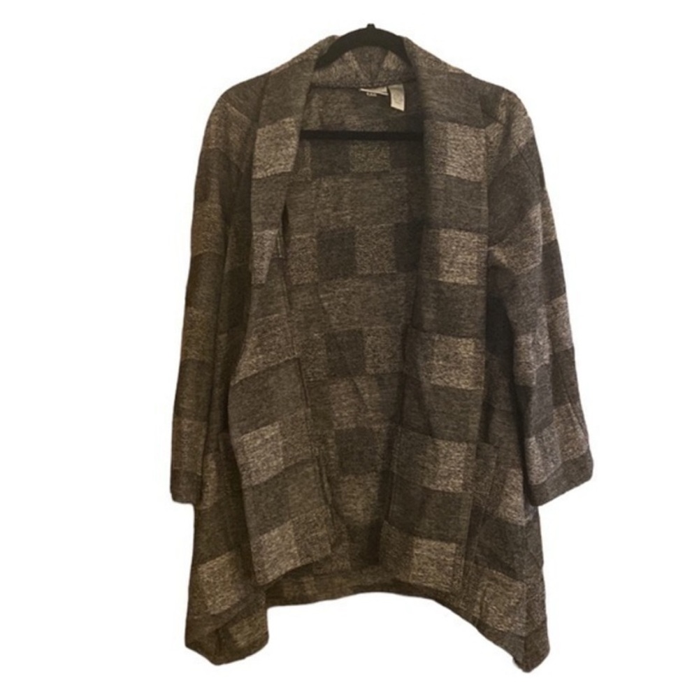 Chico's Gray Cardigan Jacket with Geometric Pattern Plaid Checkered‎ Grid Collar